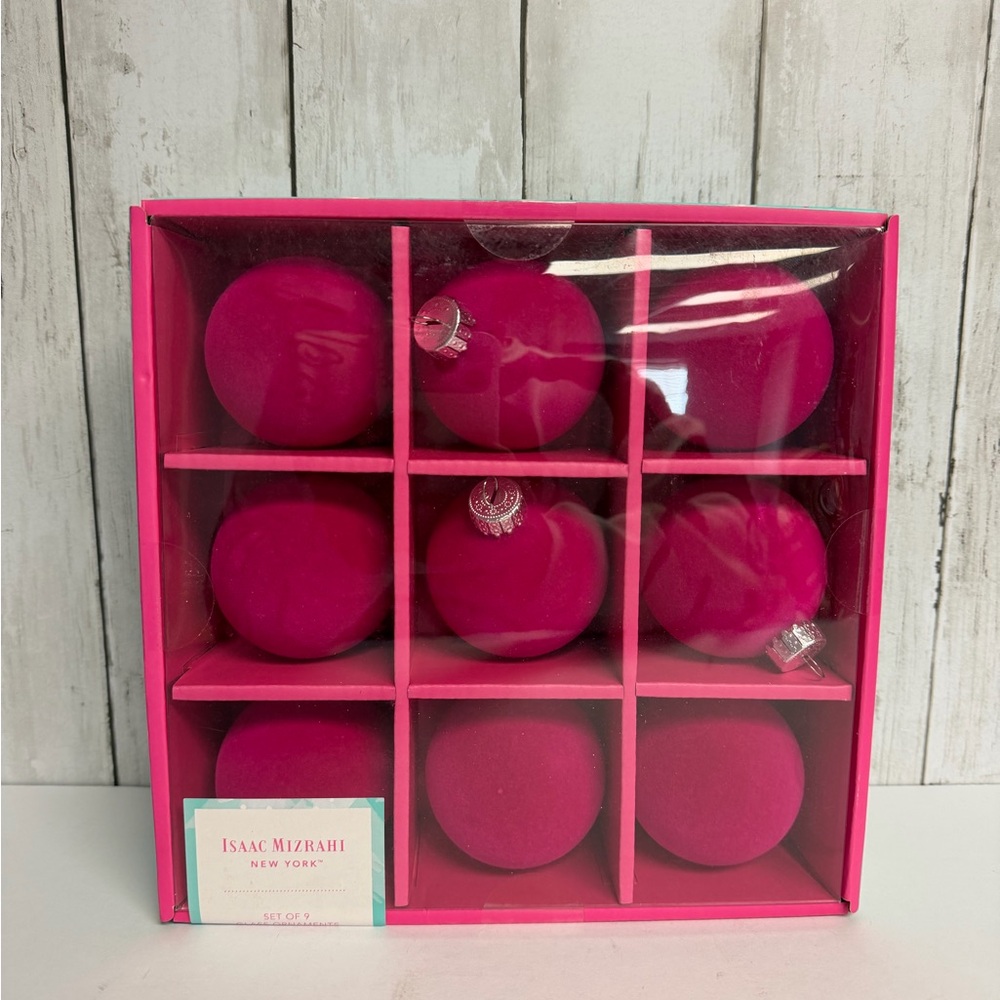 Isaac Mizrahi Pink Flocked Christmas Holiday Ornaments Balls Set of 9 NIB